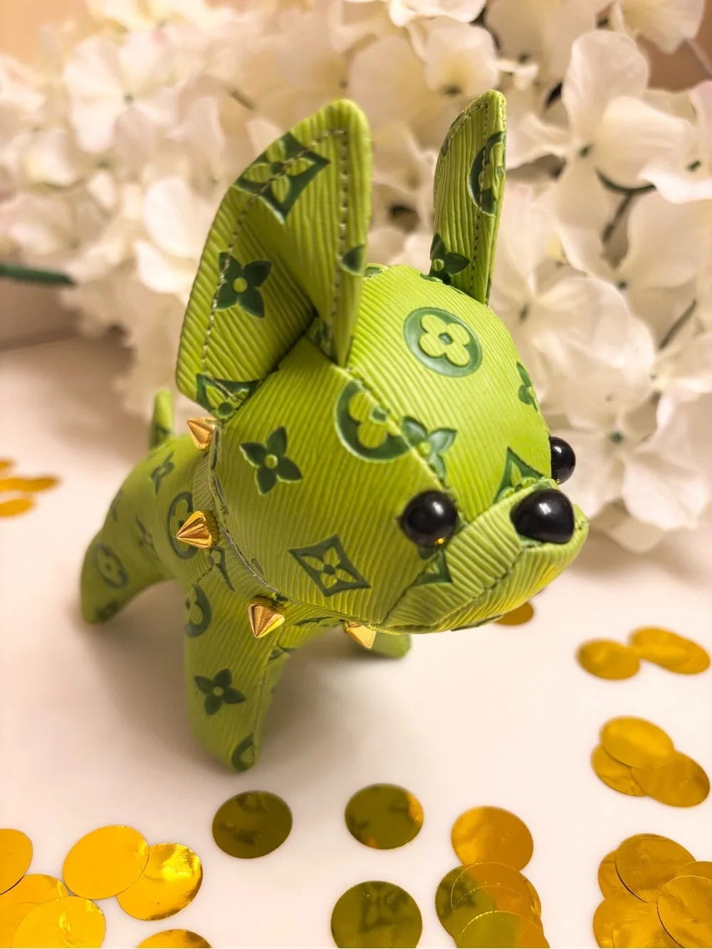 Bag Charm/Keychain adorable neon green Frenchie dog with gold tone accents! New